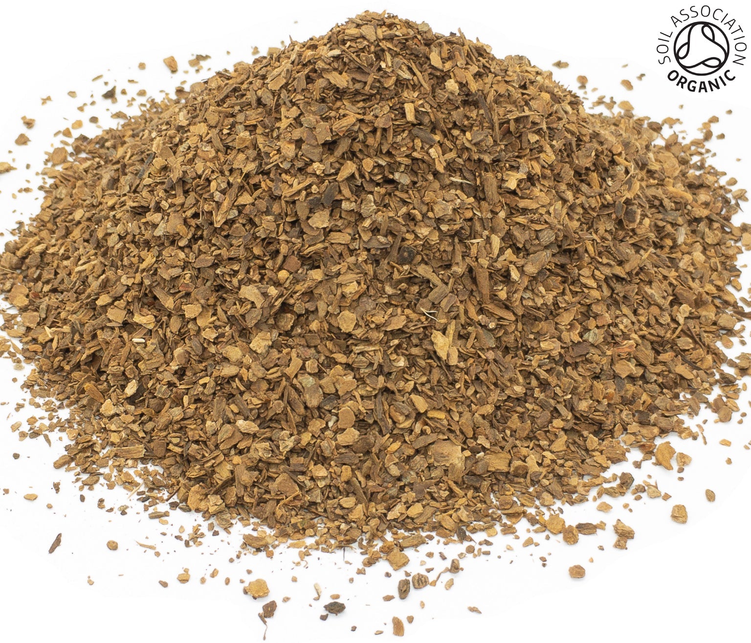 A small pile of dried, cut, organic cinnamon bark brown on a white background with the Soil Association Organic Logo in the top right corner