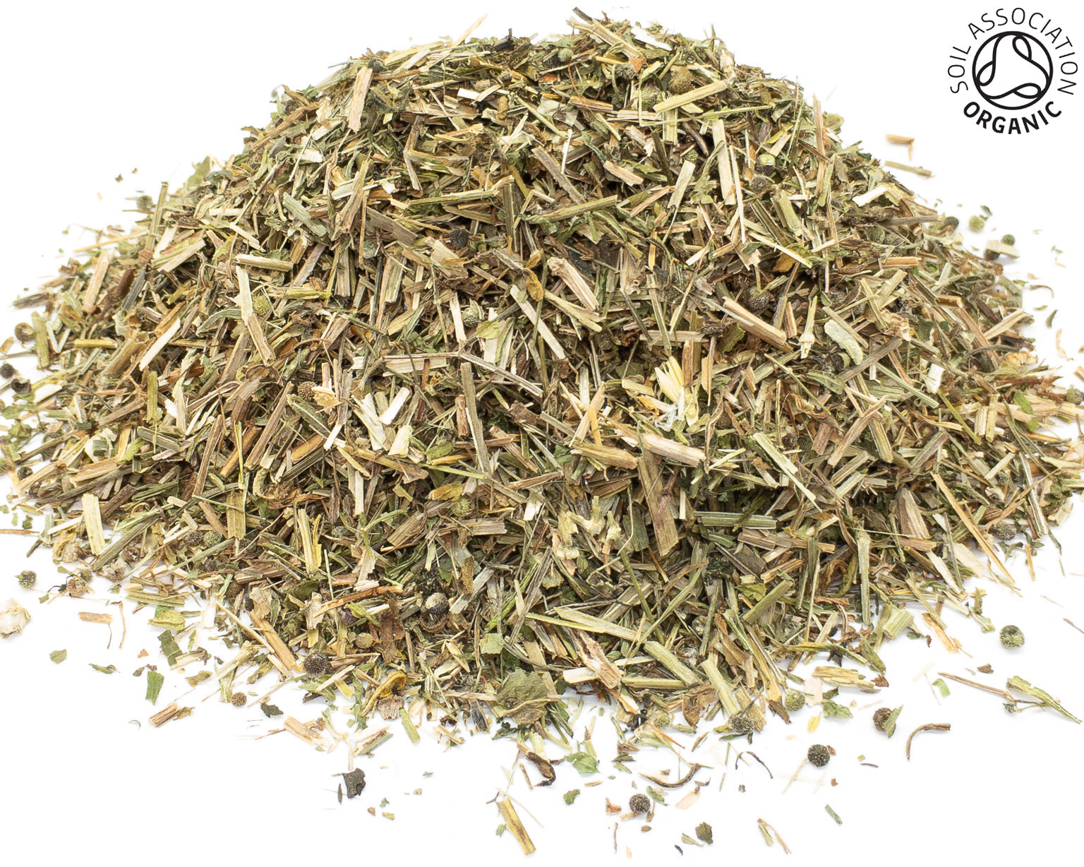 A small pile of dried, cut, organic cleavers herb, leaf and stem, on a white background with the Soil Association Organic Logo in the top right corner