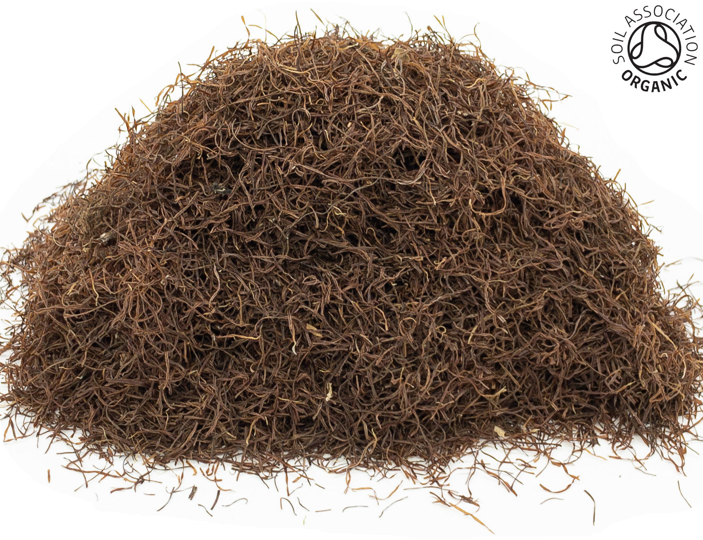 A small pile of dried, cut, organic corn silk stamens, on a white background with the Soil Association Organic Logo in the top right corner