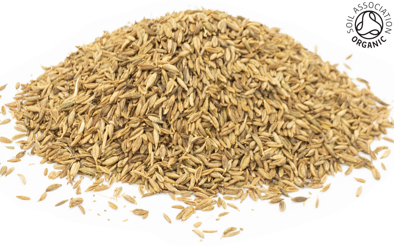 A small pile of dried, whole, organic cumin seeds, on a white background with the Soil Association Organic Logo in the top right corner