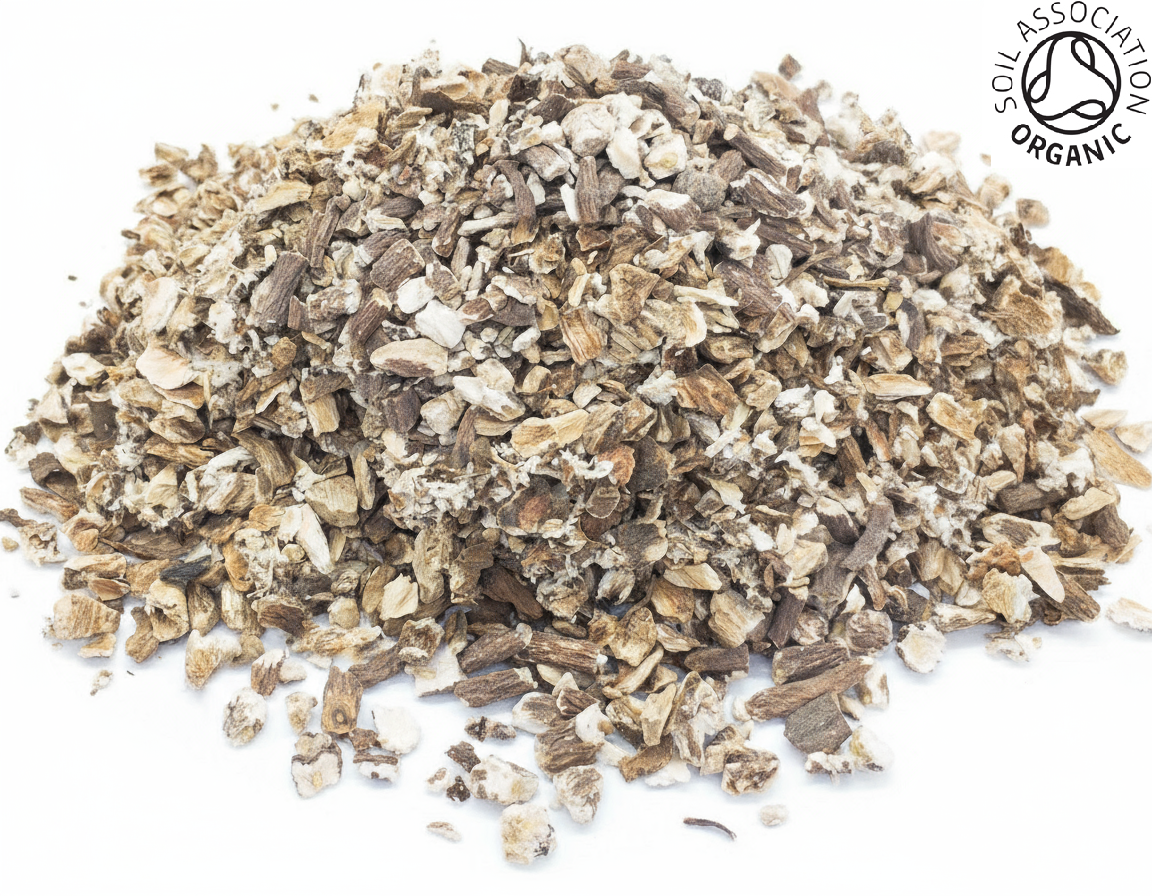 A small pile of dandelion root and burdock root blended together, with the soil Association organic logo in the top right corner