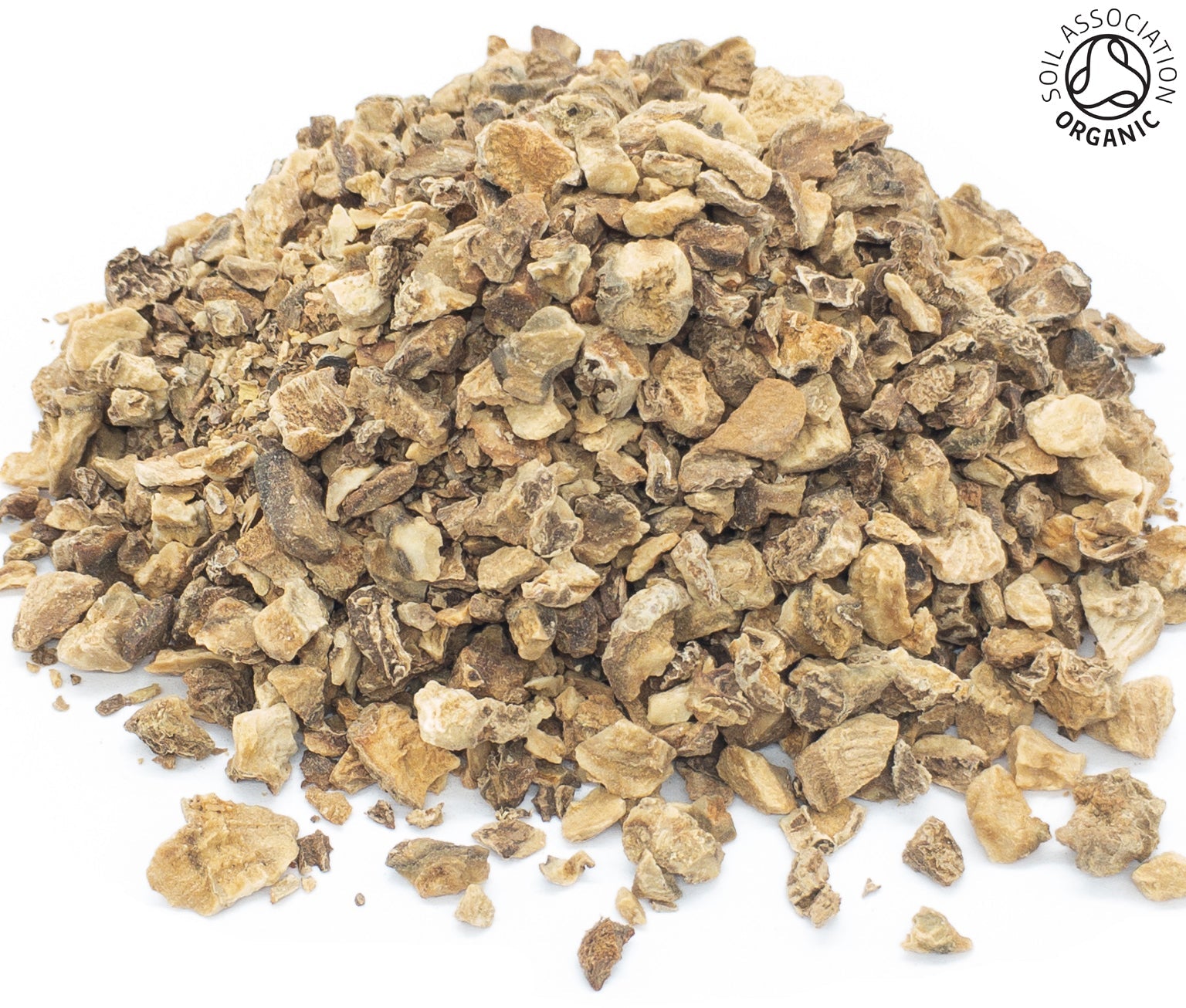 A small pile of dried, cut, organic devil's claw root, on a white background with the Soil Association Organic Logo in the top right corner