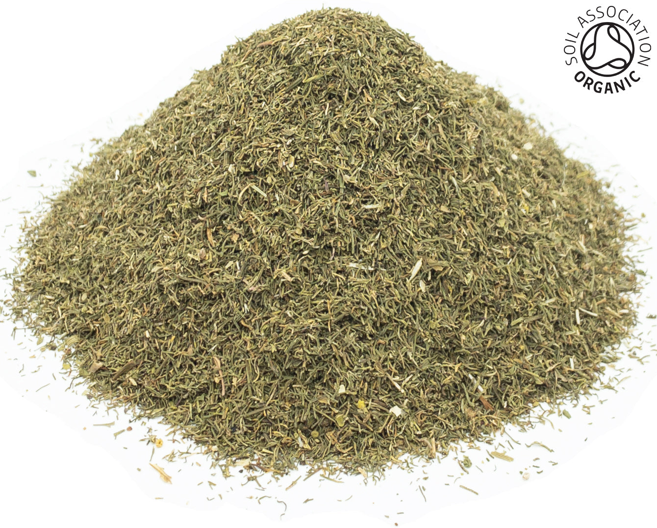 A small pile of dried, cut, organic dill leaf tops on a white background with the Soil Association Organic Logo in the top right corner