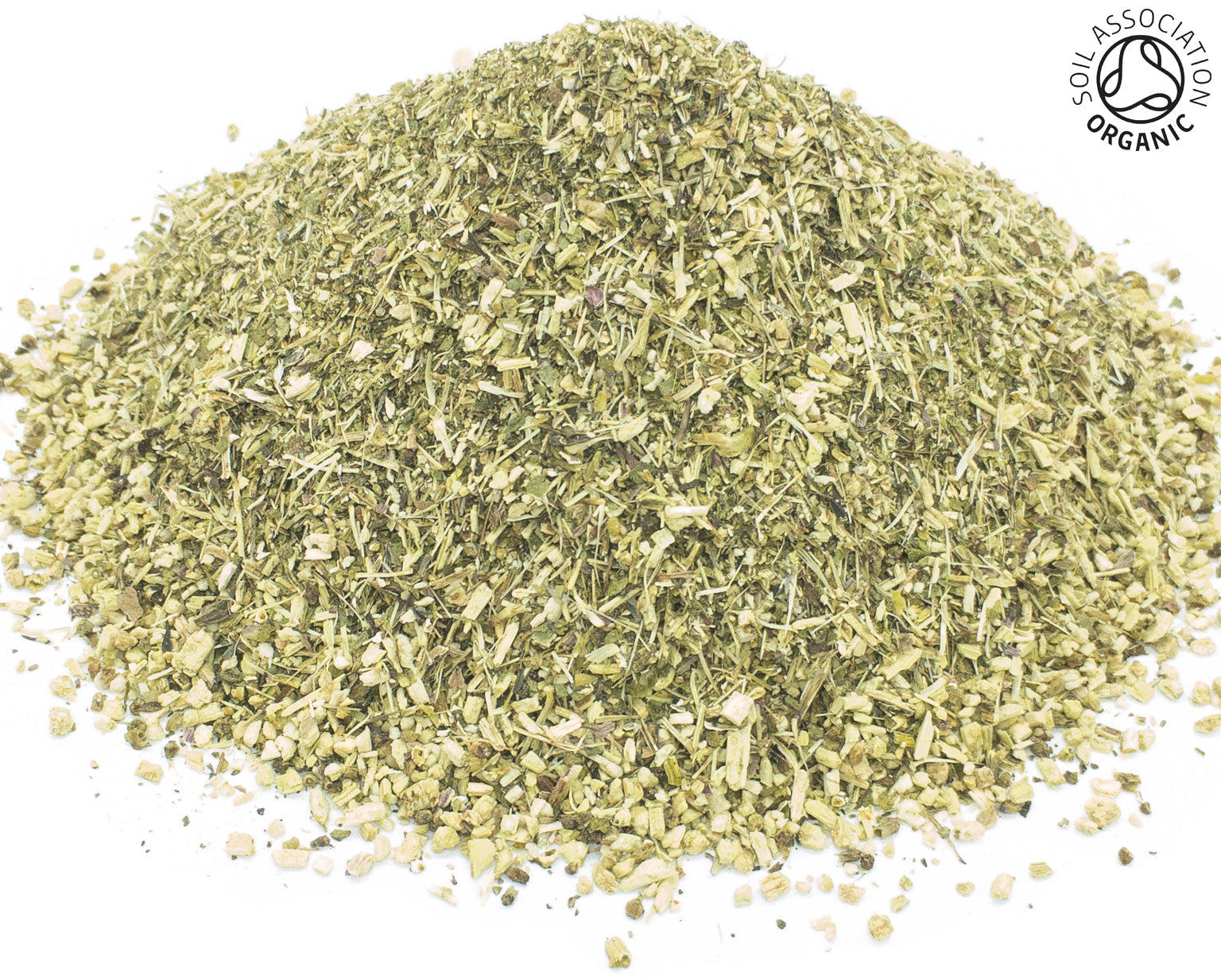 A small pile of dried, cut, organic echinacea herb, leaf and stem, on a white background with the Soil Association Organic Logo in the top right corner