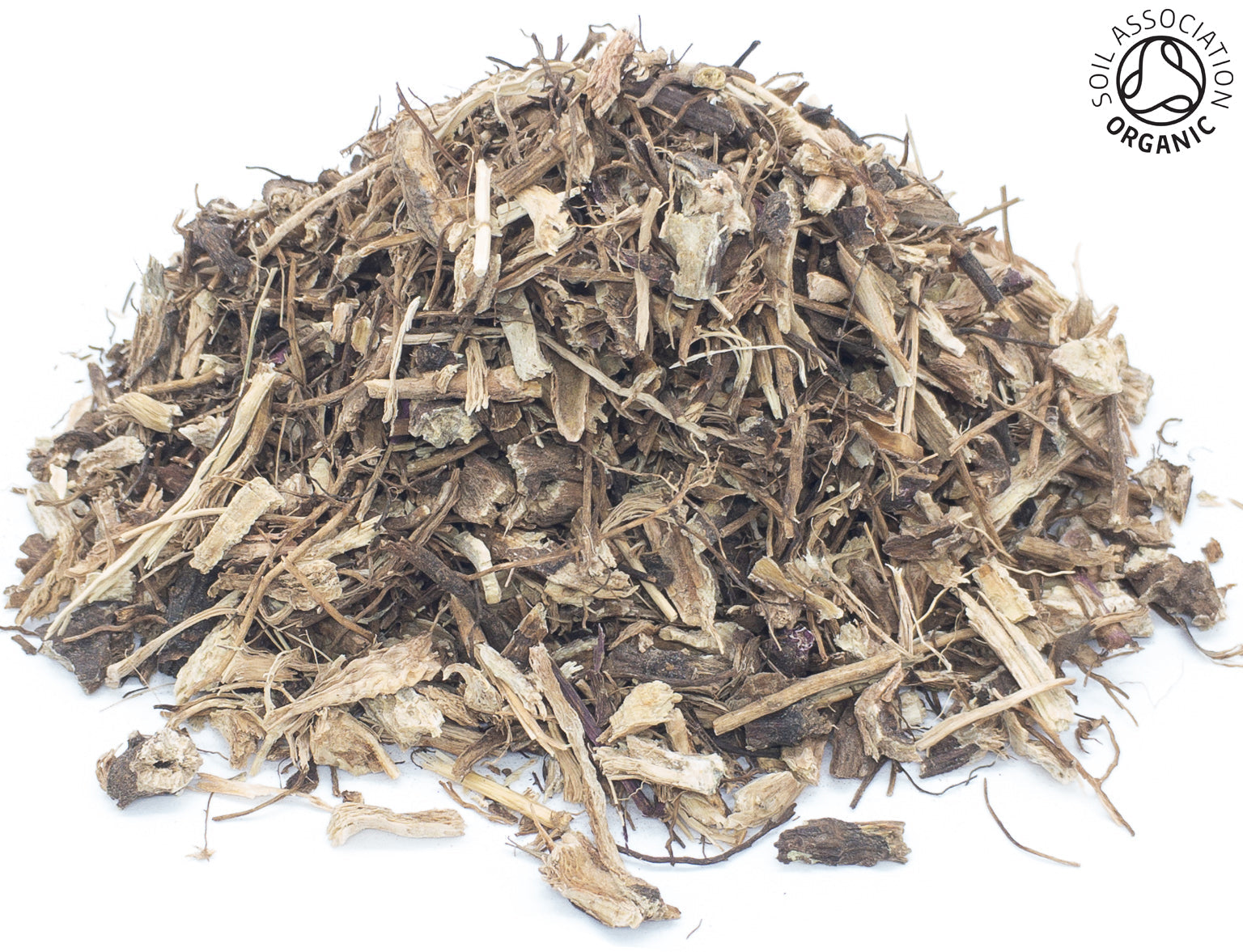 A small pile of dried, cut, organic echinacea root, on a white background with the Soil Association Organic Logo in the top right corner