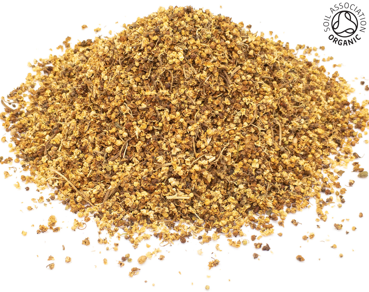 A small pile of dried, cut, organic yellow elderflowers, on a white background with the Soil Association Organic Logo in the top right corner