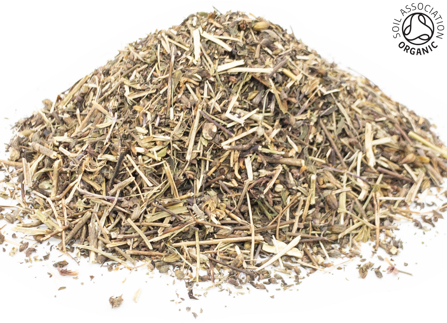 A small pile of dried, cut, organic eyebright herb, leaf and stem, on a white background with the Soil Association Organic Logo in the top right corner