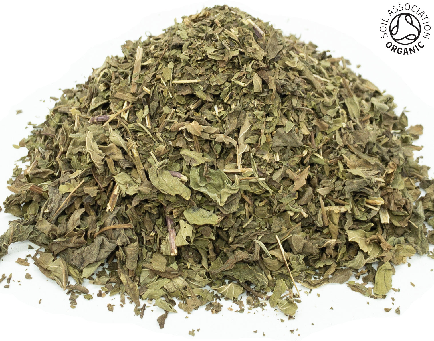 A small pile of dried, cut, organic field mint leaves, on a white background with the Soil Association Organic Logo in the top right corner