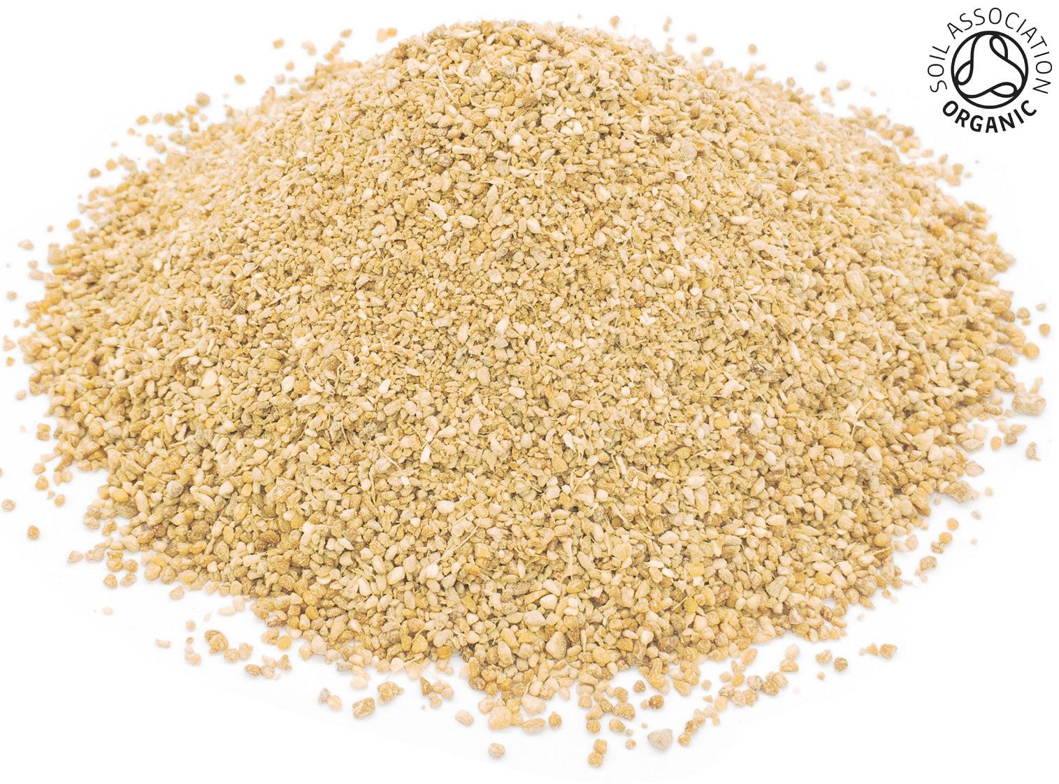 A small pile of dried, cut, organic ginger rhizome, on a white background with the Soil Association Organic Logo in the top right corner