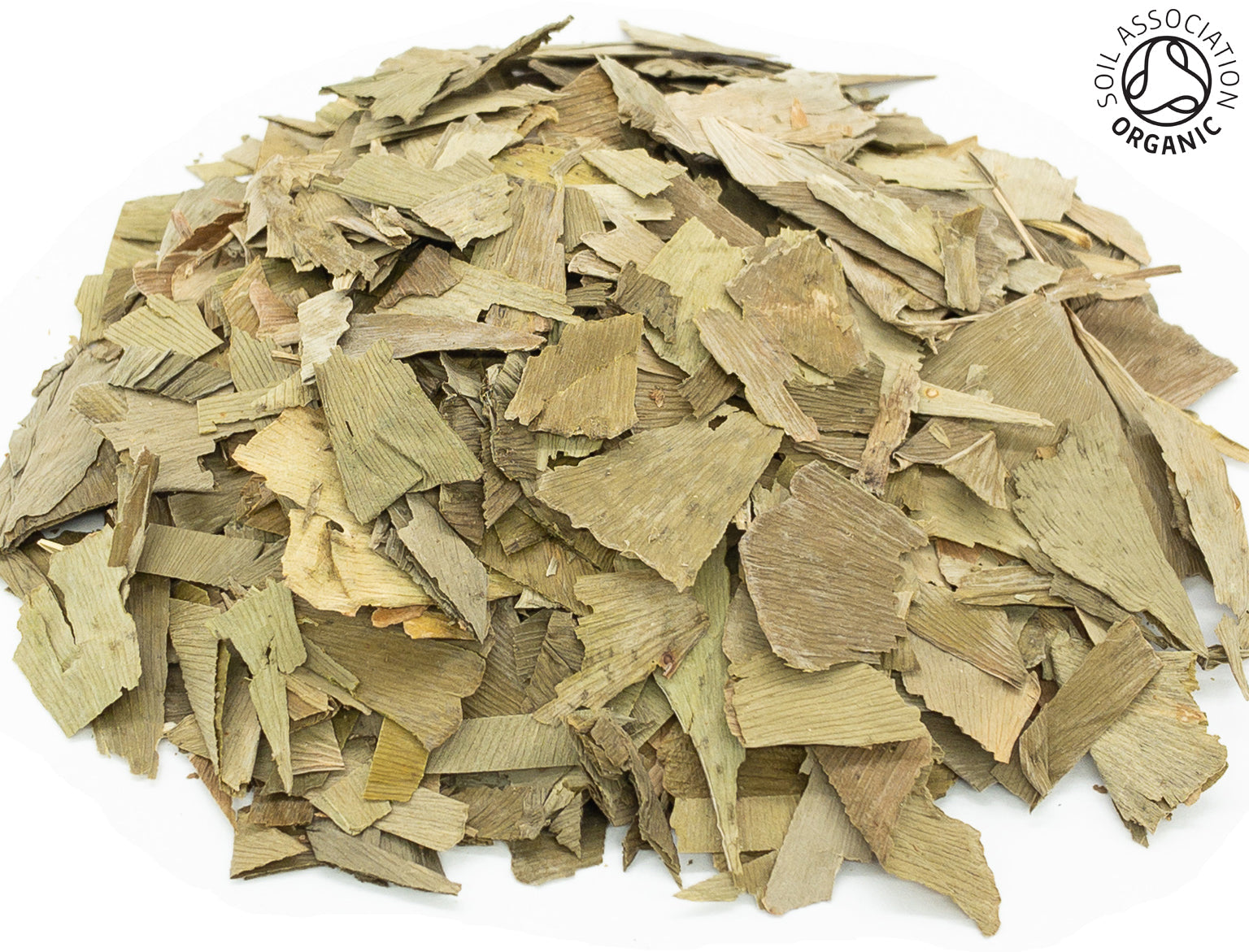 A small pile of dried, cut, organic ginkgo leaves, on a white background with the Soil Association Organic Logo in the top right corner