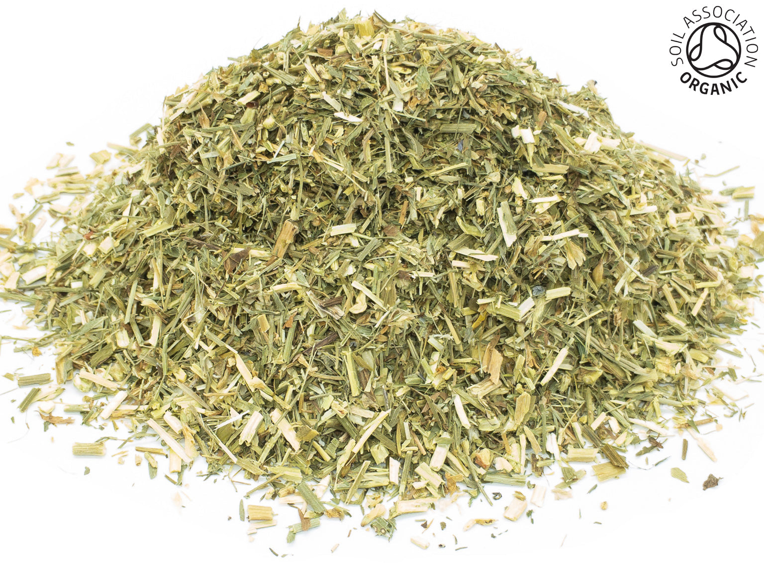 A small pile of dried, cut, organic goat's rue herb, leaf and stem, on a white background with the Soil Association Organic Logo in the top right corner