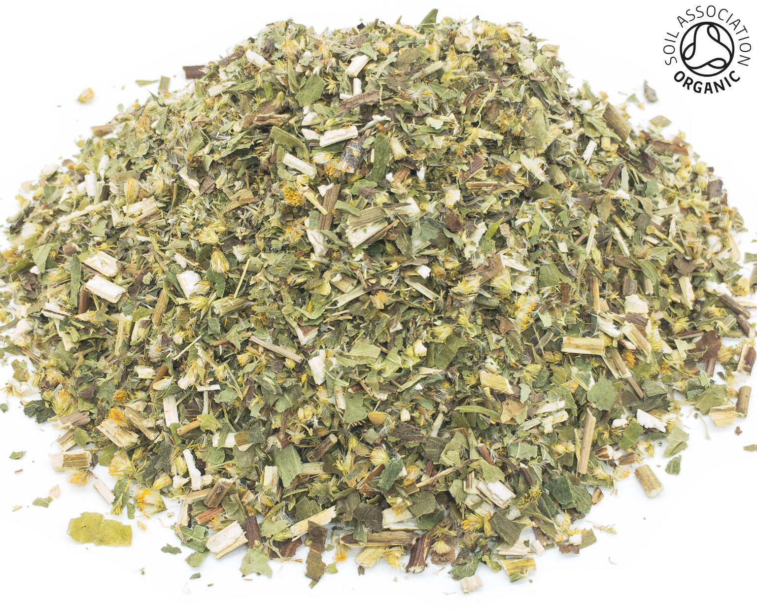 A small pile of dried, cut, organic golden-rod herb, leaf and stem, on a white background with the Soil Association Organic Logo in the top right corner