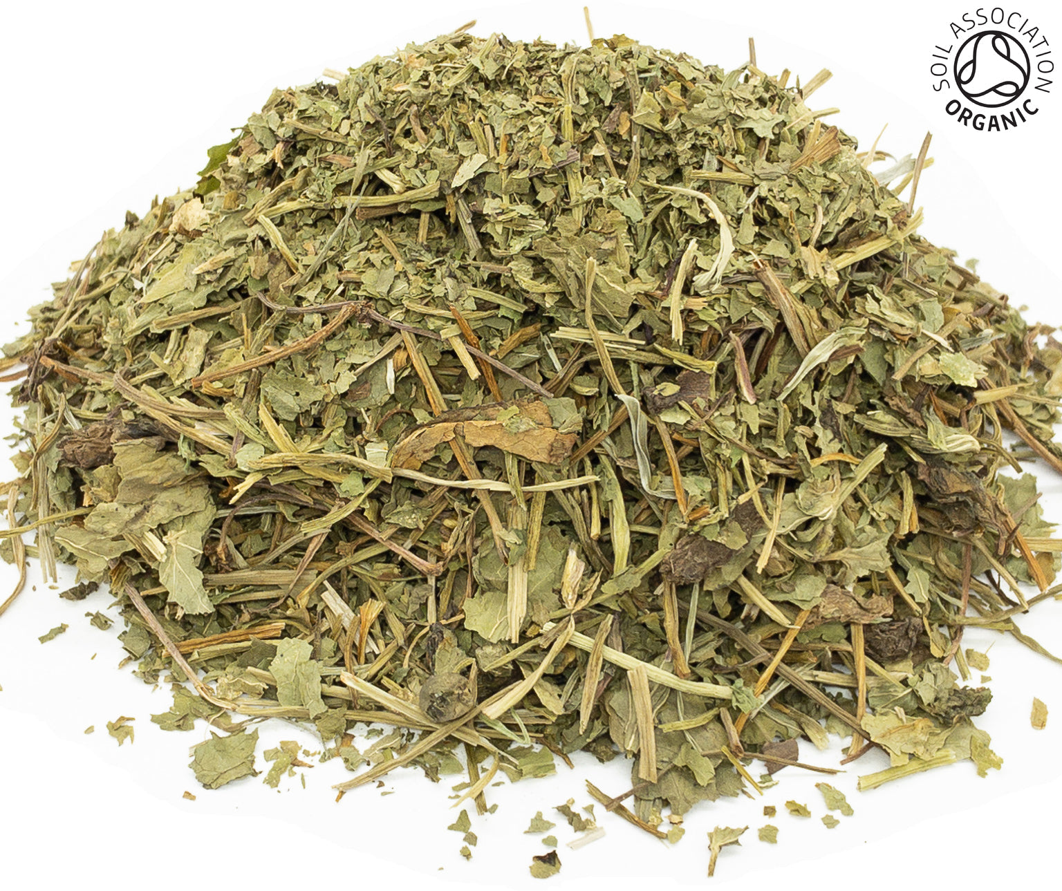 A small pile of dried, cut, organic gotu kola herb, leaf and stem, on a white background with the Soil Association Organic Logo in the top right corner