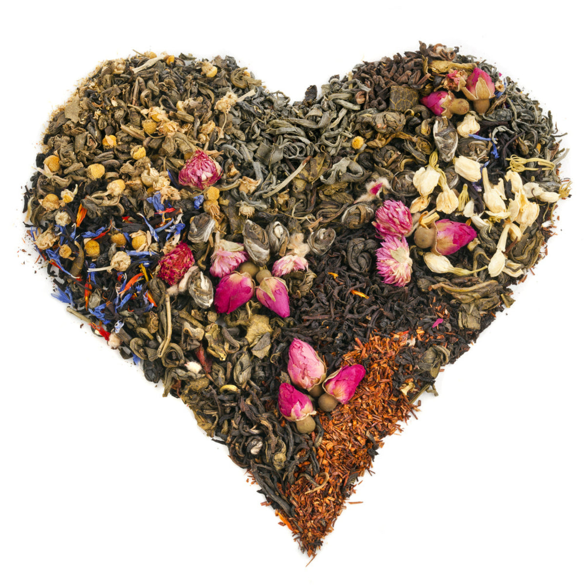 Heart-shaped arrangement of dried tea leaves, herbs and flowers on a white background