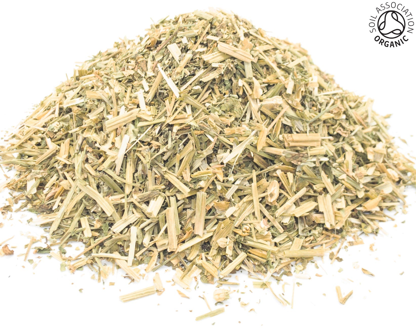 A small pile of dried, cut organic heartsease herb, leaf and stem, on a white background with the Soil Association Organic Logo in the top right corner