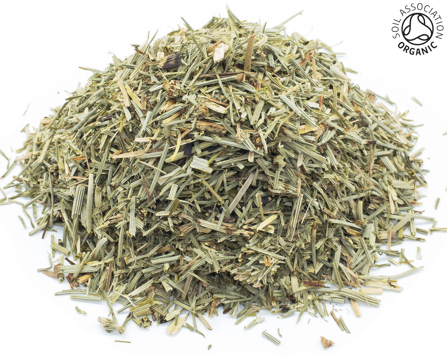 A small pile of dried, cut, organic horsetail herb, on a white background with the Soil Association Organic Logo in the top right corner