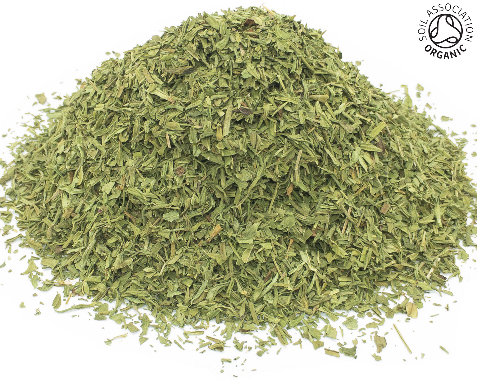 A small pile of dried, cut, organic hyssop herb, on a white background with the Soil Association Organic Logo in the top right corner