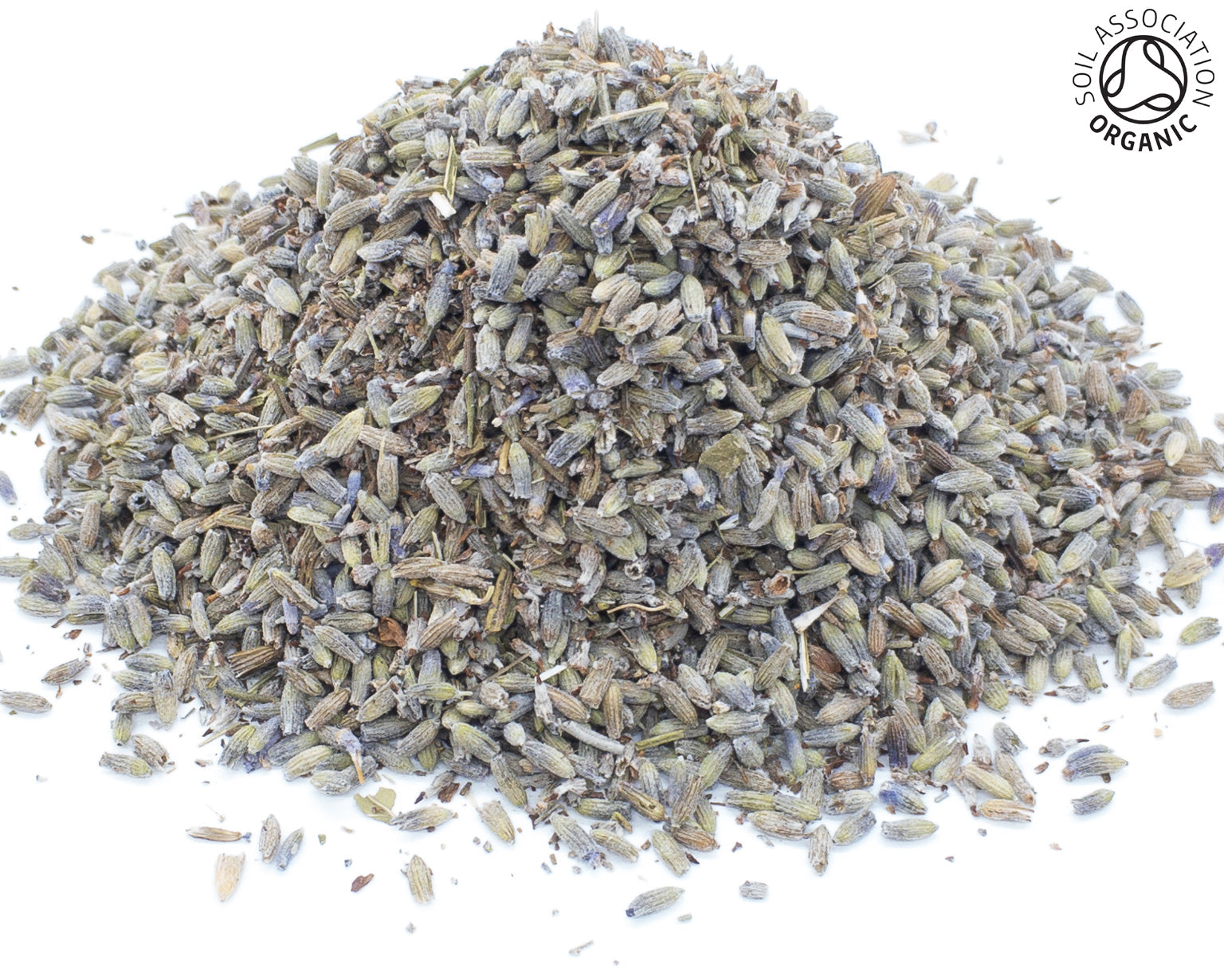 A small pile of dried, cut, organic lavender flowers, on a white background with the Soil Association Organic Logo in the top right corner