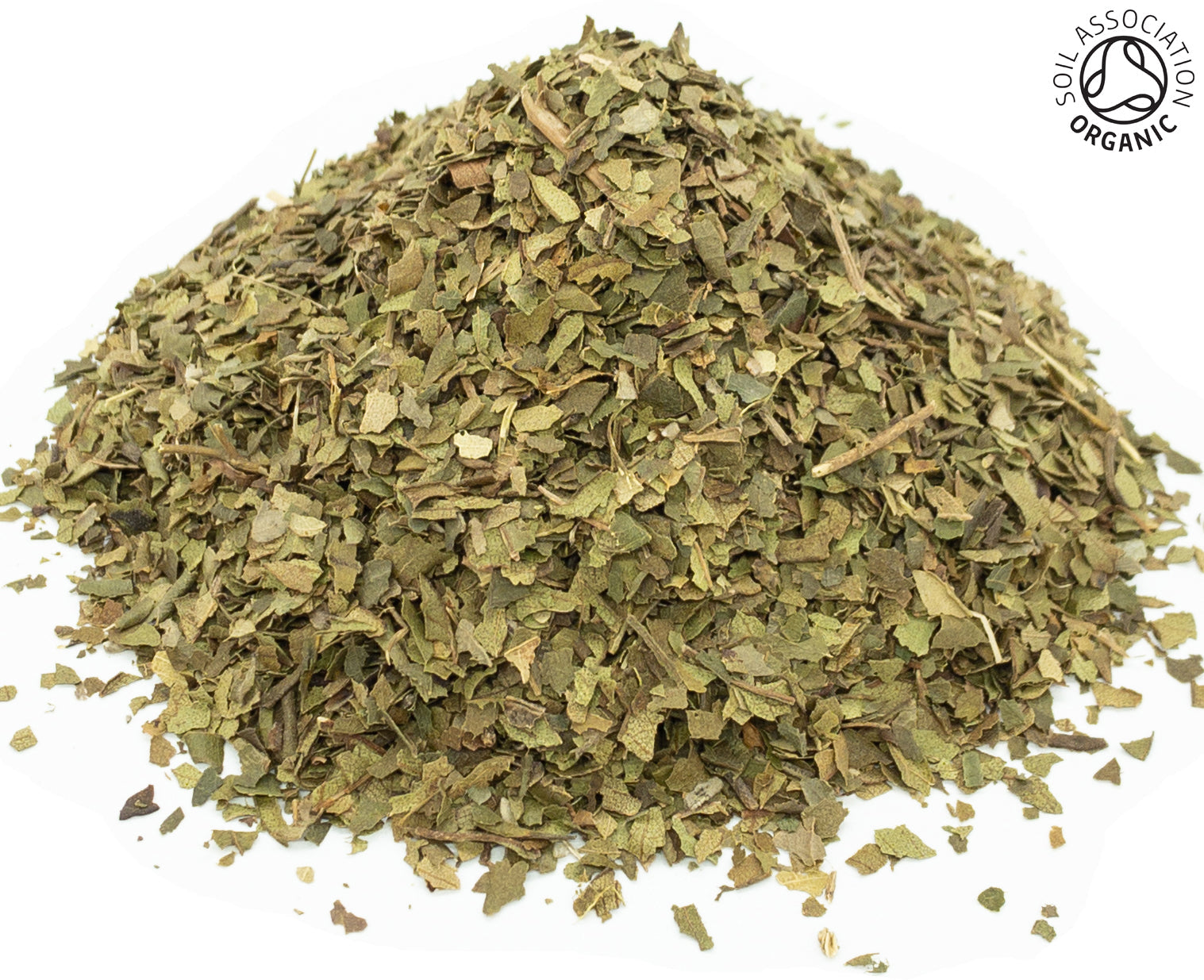 A small pile of dried, cut, organic lemon myrtle herb, on a white background with the Soil Association Organic Logo in the top right corner