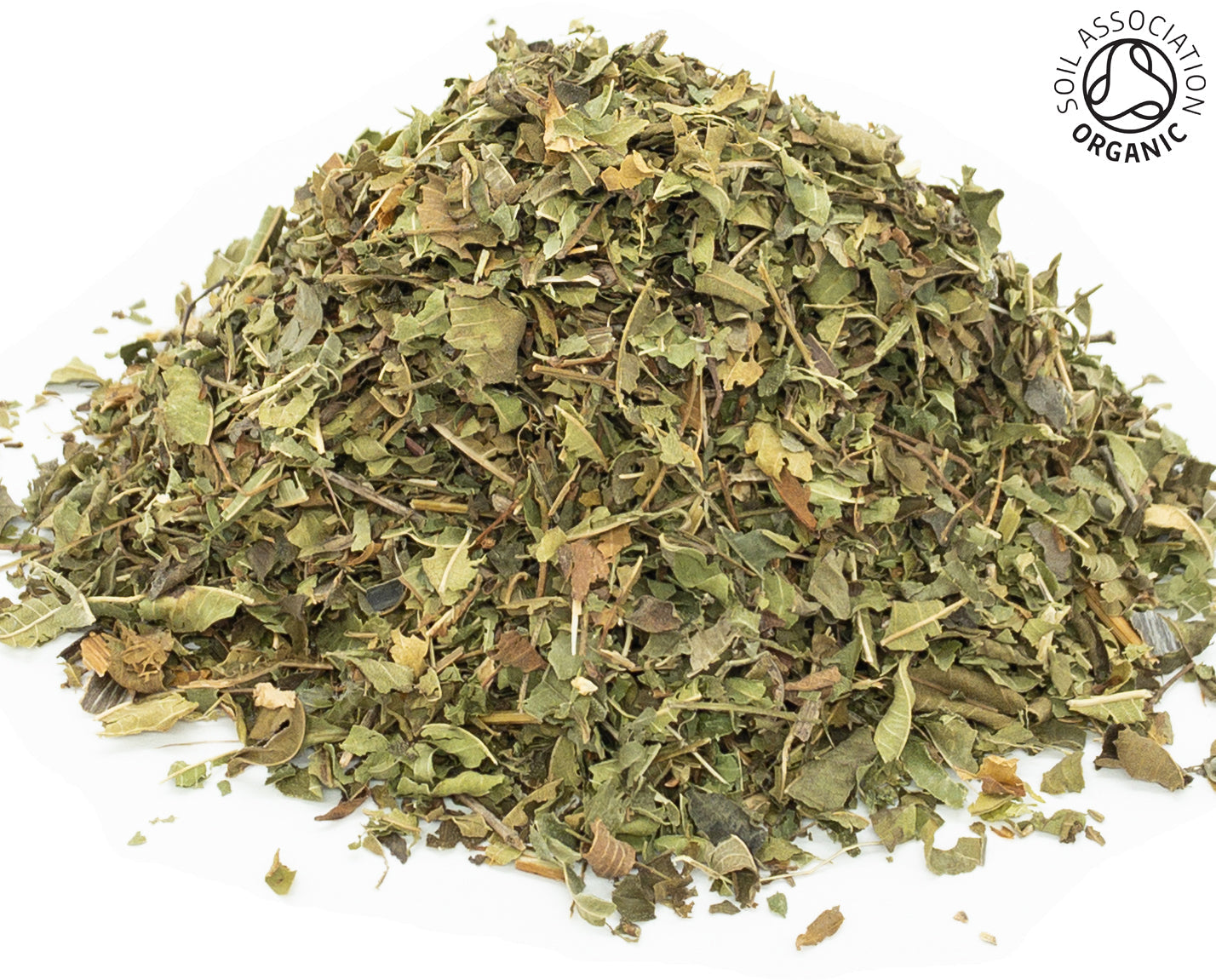 A small pile of dried, cut, organic lemon verbena herb, leaf and stem, on a white background with the Soil Association Organic Logo in the top right corner
