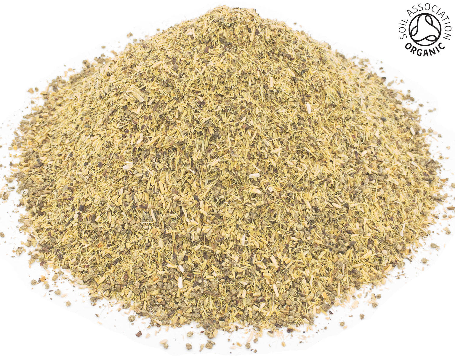 A small pile of dried, cut, organic liquorice root on a white background with the Soil Association Organic Logo in the top right corner
