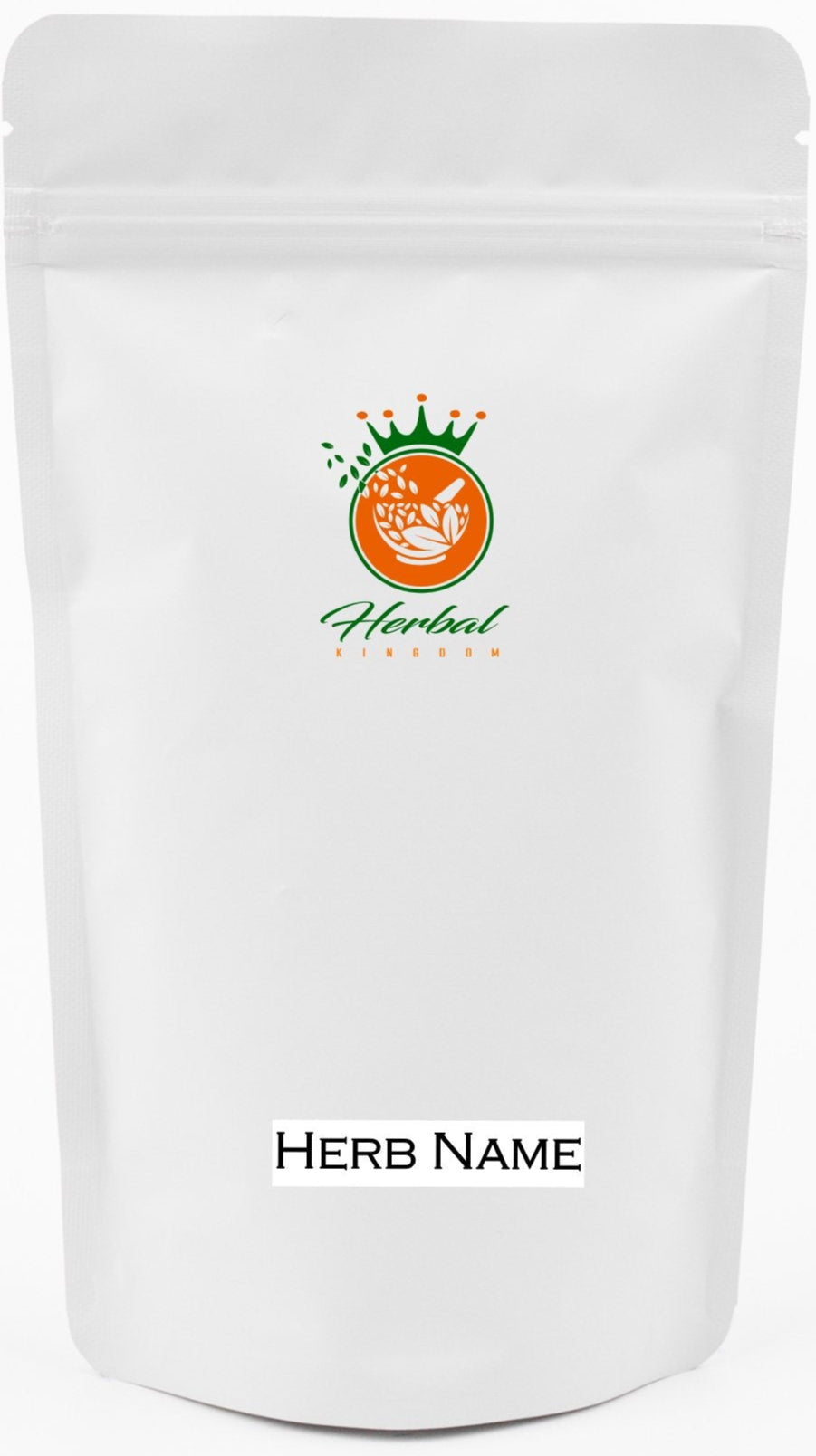White packaging of Herbal Kingdom loose leaf herbal tea infusion herbs with a brand logo on a white background