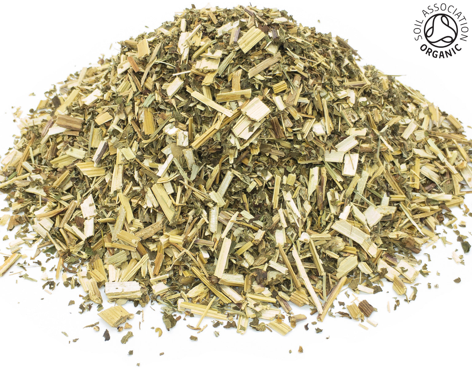 A small pile of dried, cut, organic meadowsweet herb, leaf and stem, on a white background with the Soil Association Organic Logo in the top right corner