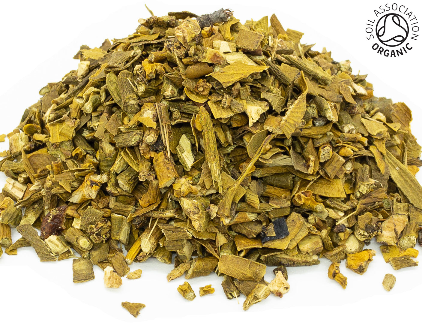 A small pile of dried, cut, organic mistletoe herb, leaf and stem, on a white background with the Soil Association Organic Logo in the top right corner