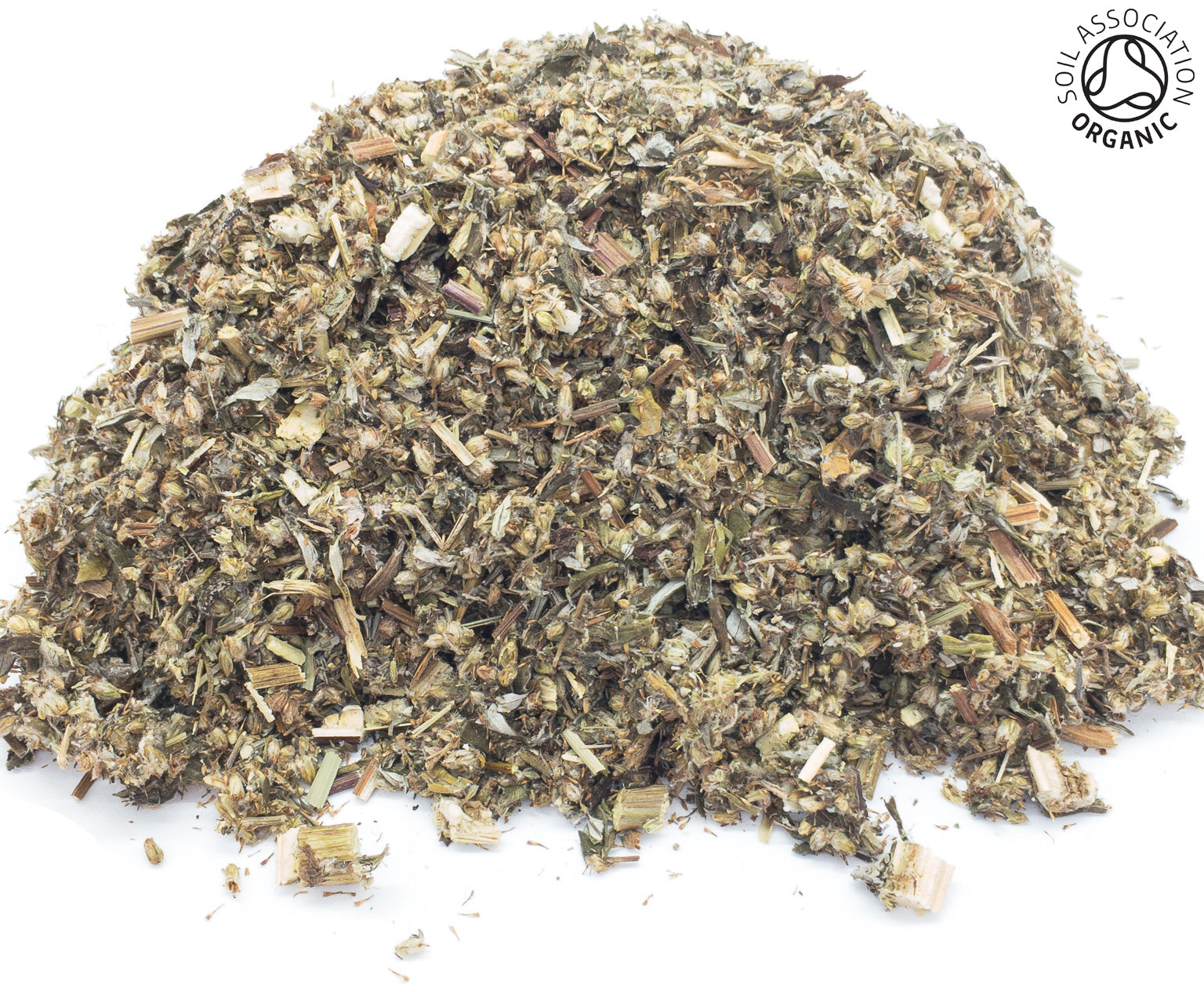 A small pile of dried, cut, organic mugwort herb, leaf and stem, on a white background with the Soil Association Organic Logo in the top right corner