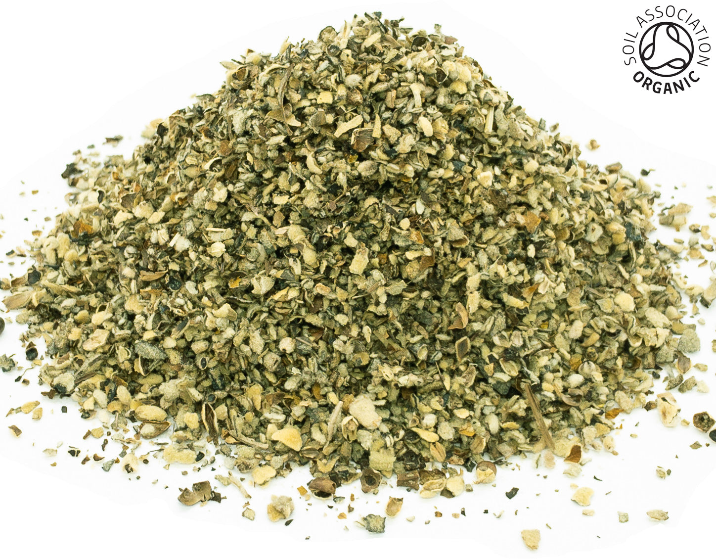 A small pile of dried, cut, organic mullein leaves on a white background with the Soil Association Organic Logo in the top right corner