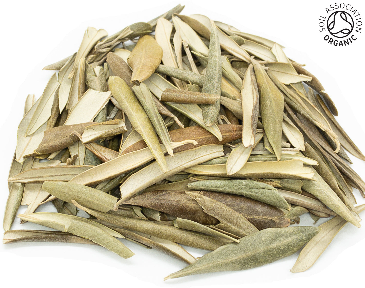A small pile of dried, cut and whole, organic olive leaves on a white background with the Soil Association Organic Logo in the top right corner