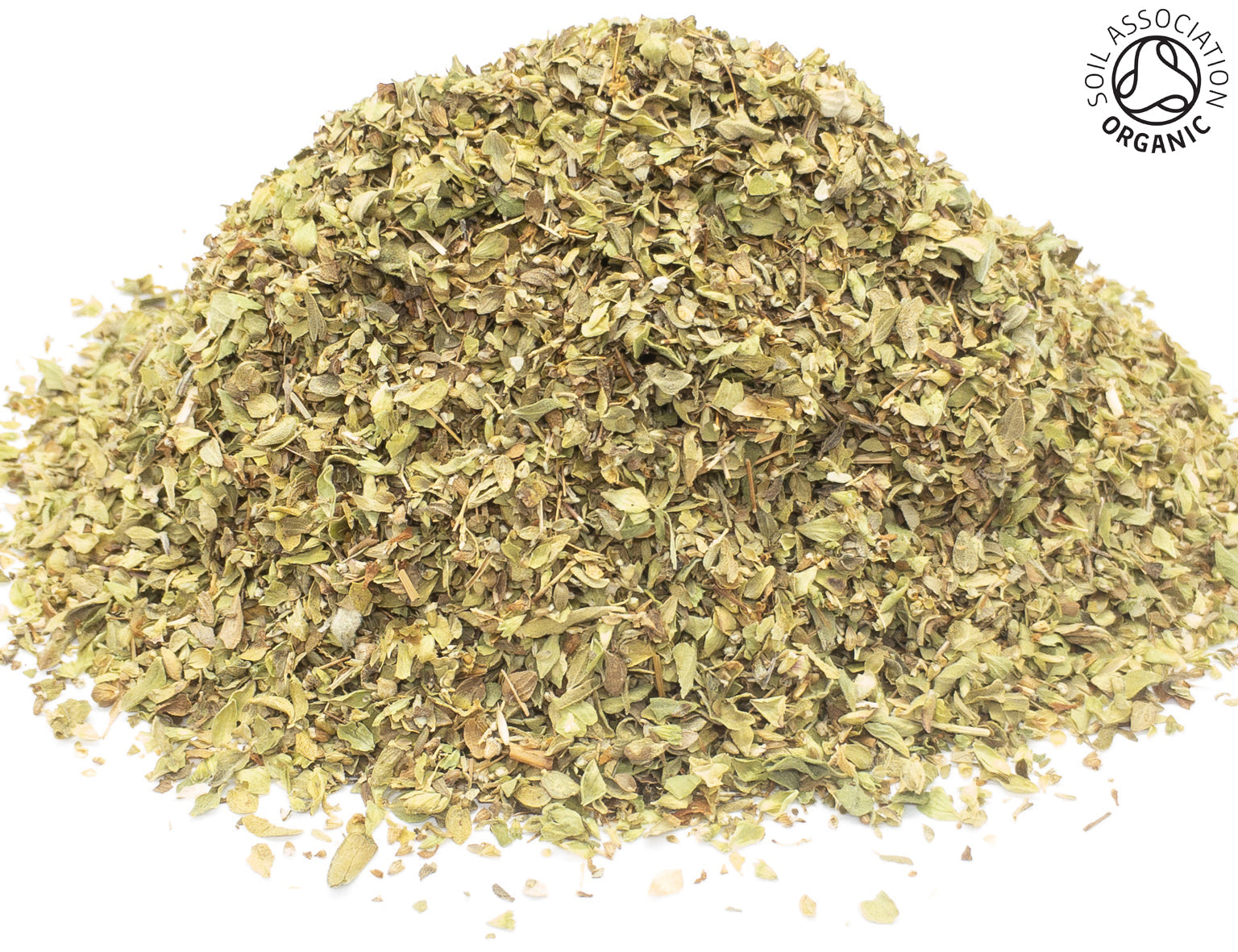 A small pile of dried, cut, organic oregano leaves on a white background with the Soil Association Organic Logo in the top right corner
