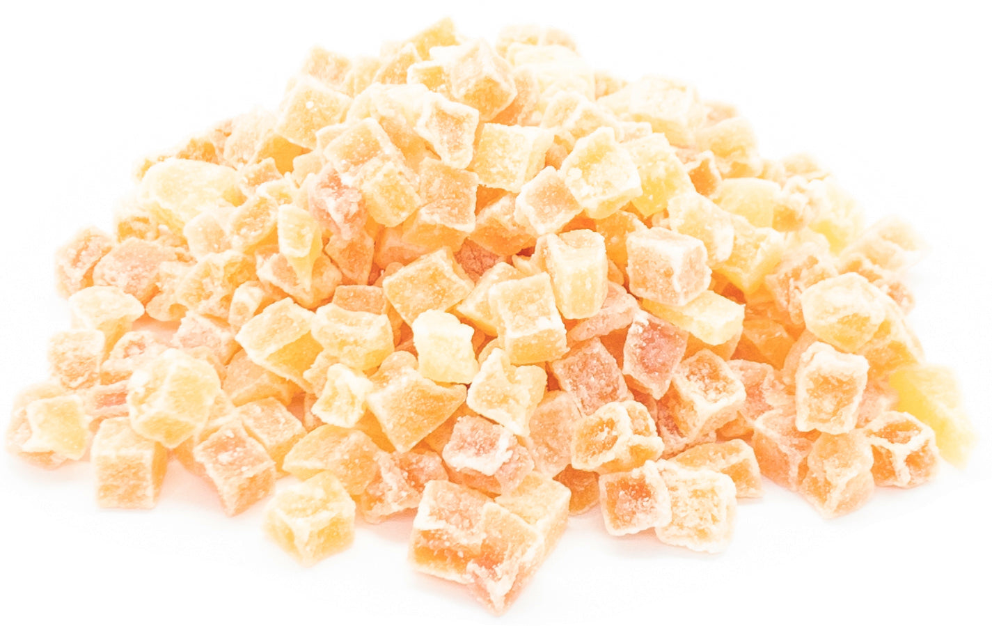 A small pile of dried, cut papaya fruit pieces on a white background