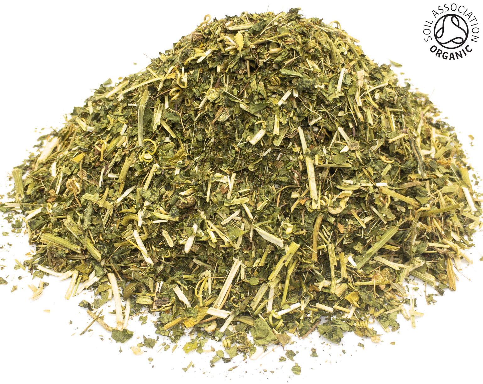 A small pile of dried, cut, organic passion flower herb, leaf and stem, on a white background with the Soil Association Organic Logo in the top right corner