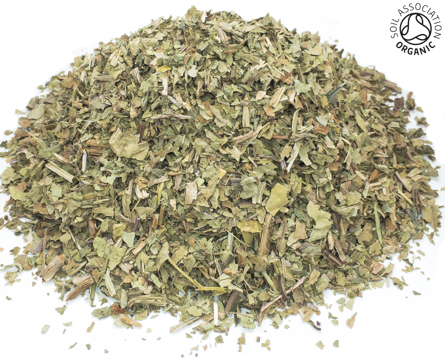 A small pile of dried, cut, organic green plantain leaves on a white background with the Soil Association Organic Logo in the top right corner