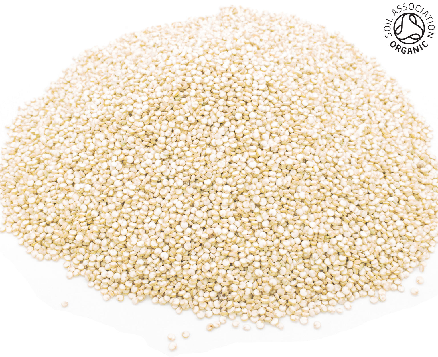 A pile of dried, organic quinoa seeds on a white background with the Soil Association Organic Logo in the top right corner