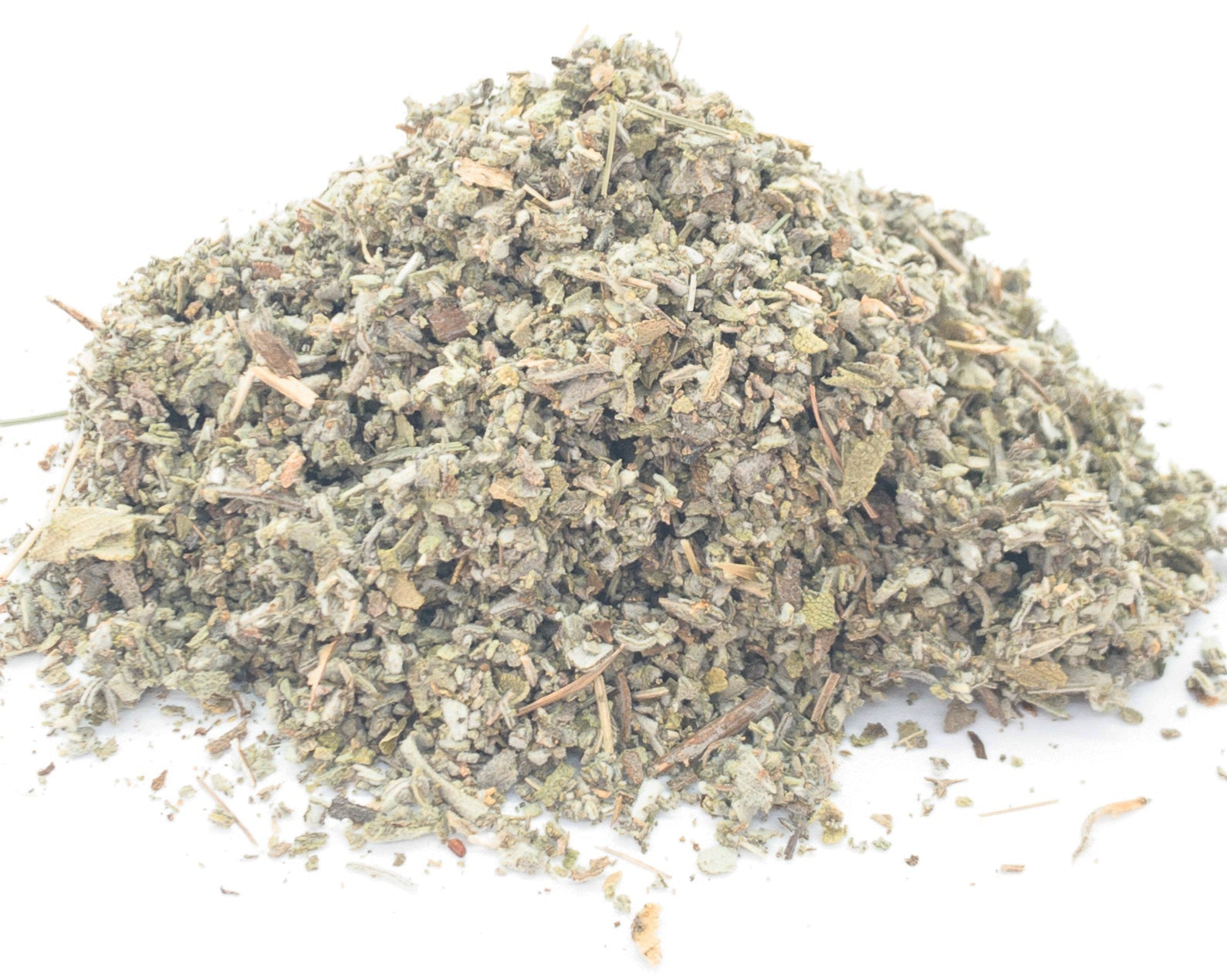 A small pile of dried, cut red sage leaf on a white background