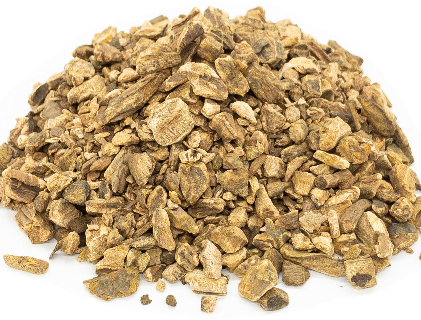 A small pile of dried, cut rhubarb root on a white background