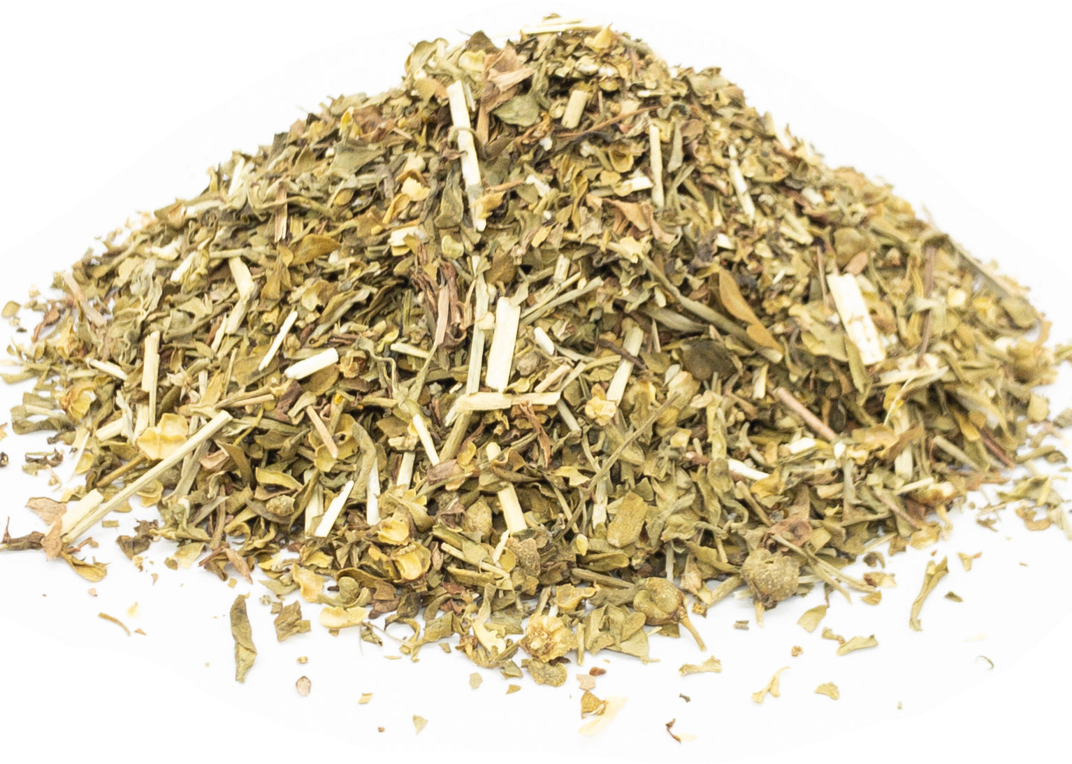 A small pile of dried, cut rue herb, leaf and stem, on a white background