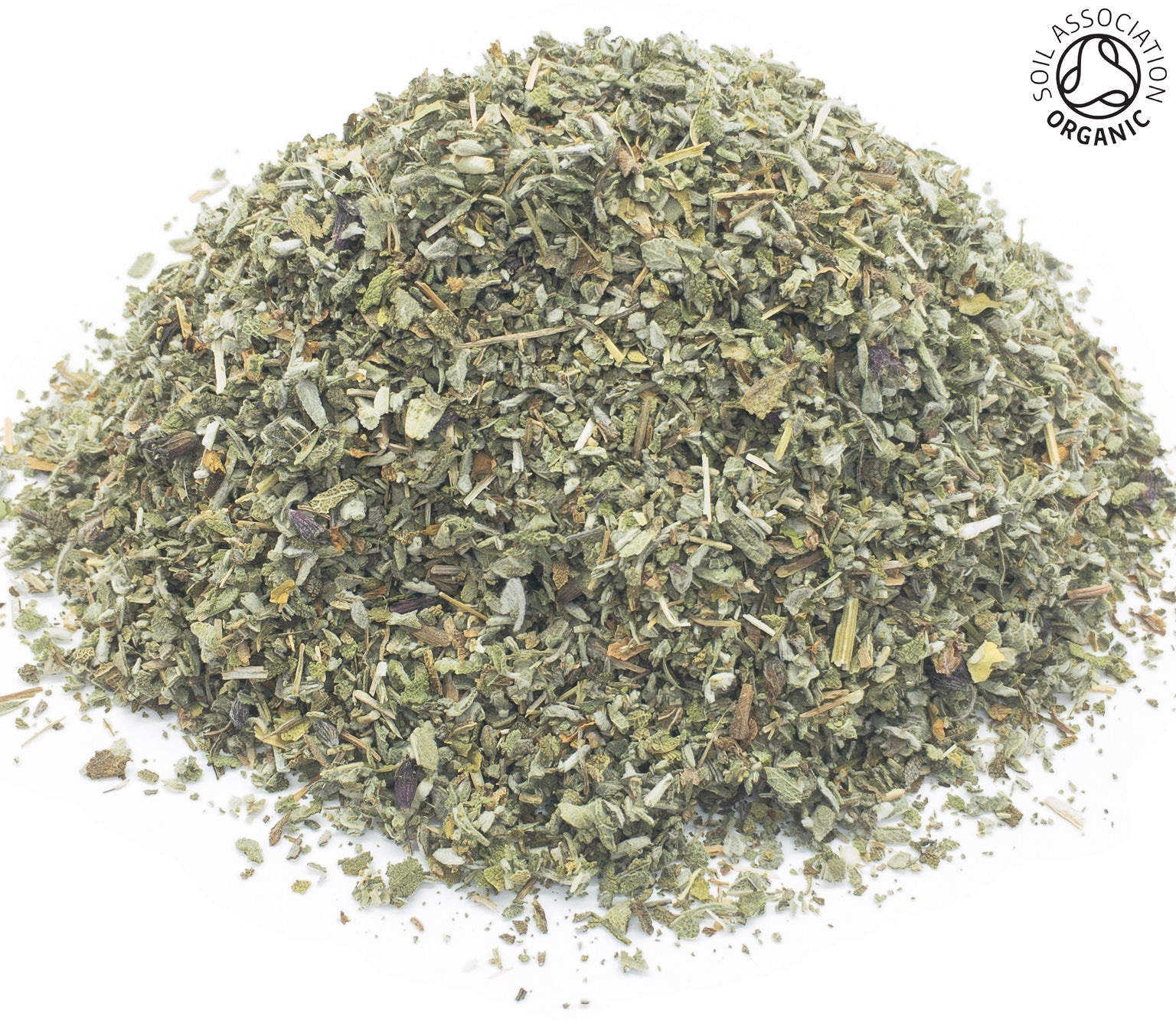 A small pile of dried, cut, organic sage leaves on a white background with the Soil Association Organic Logo in the top right corner