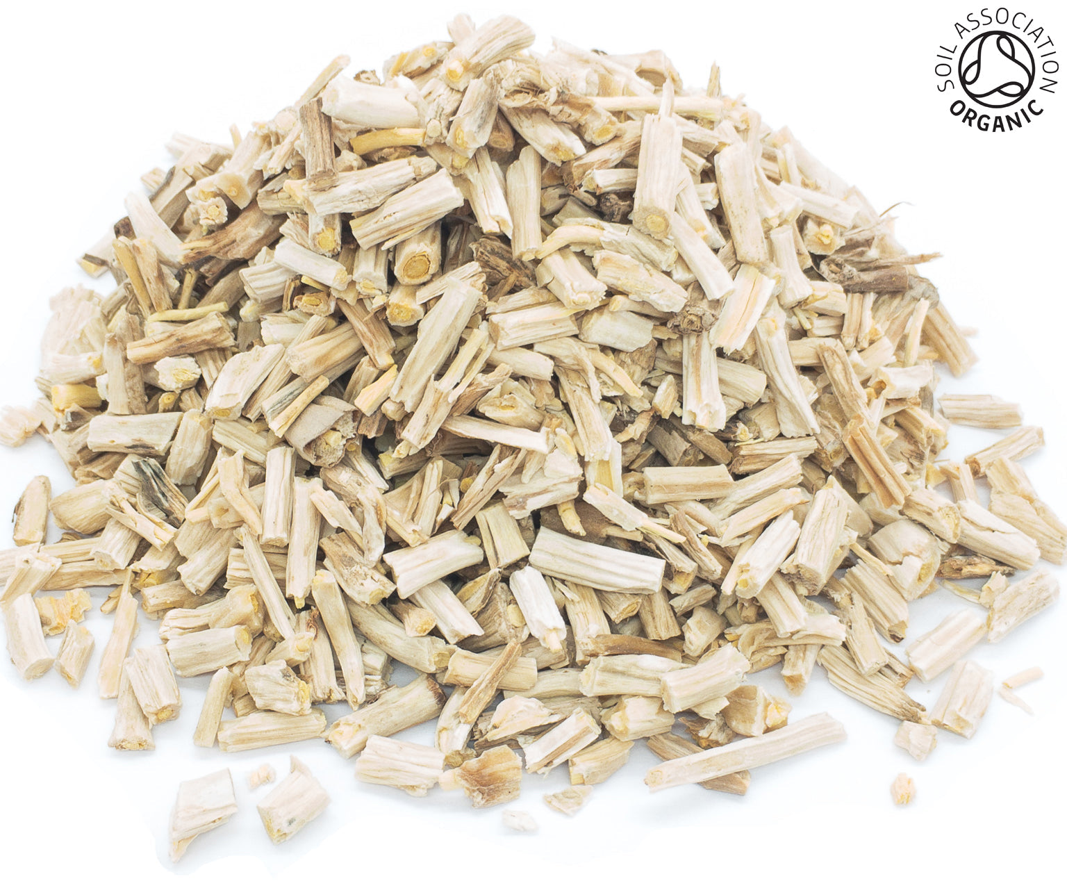 A small pile of dried, cut, organic shatavari roots on a white background with the Soil Association Organic Logo in the top right corner