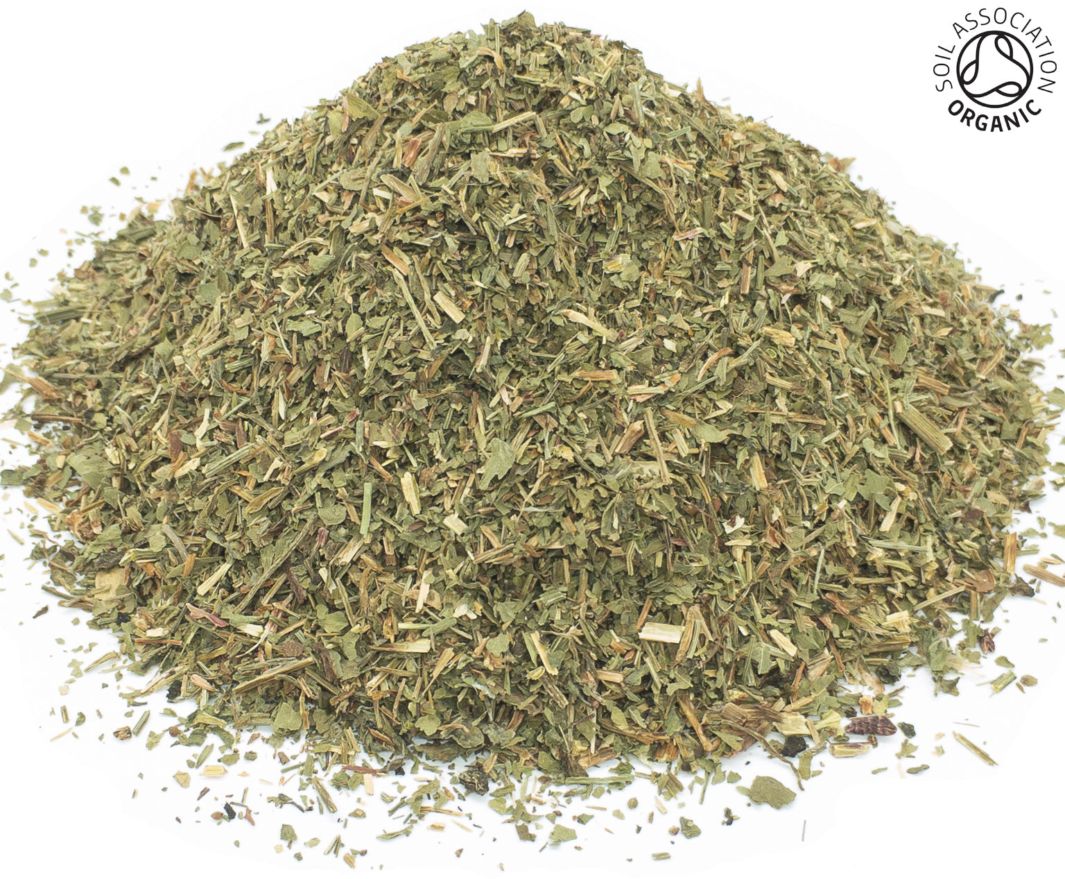 A small pile of dried, cut organic sheep's sorrel herb, leaf and stem, on a white background with the Soil Association Organic Logo in the top right corner
