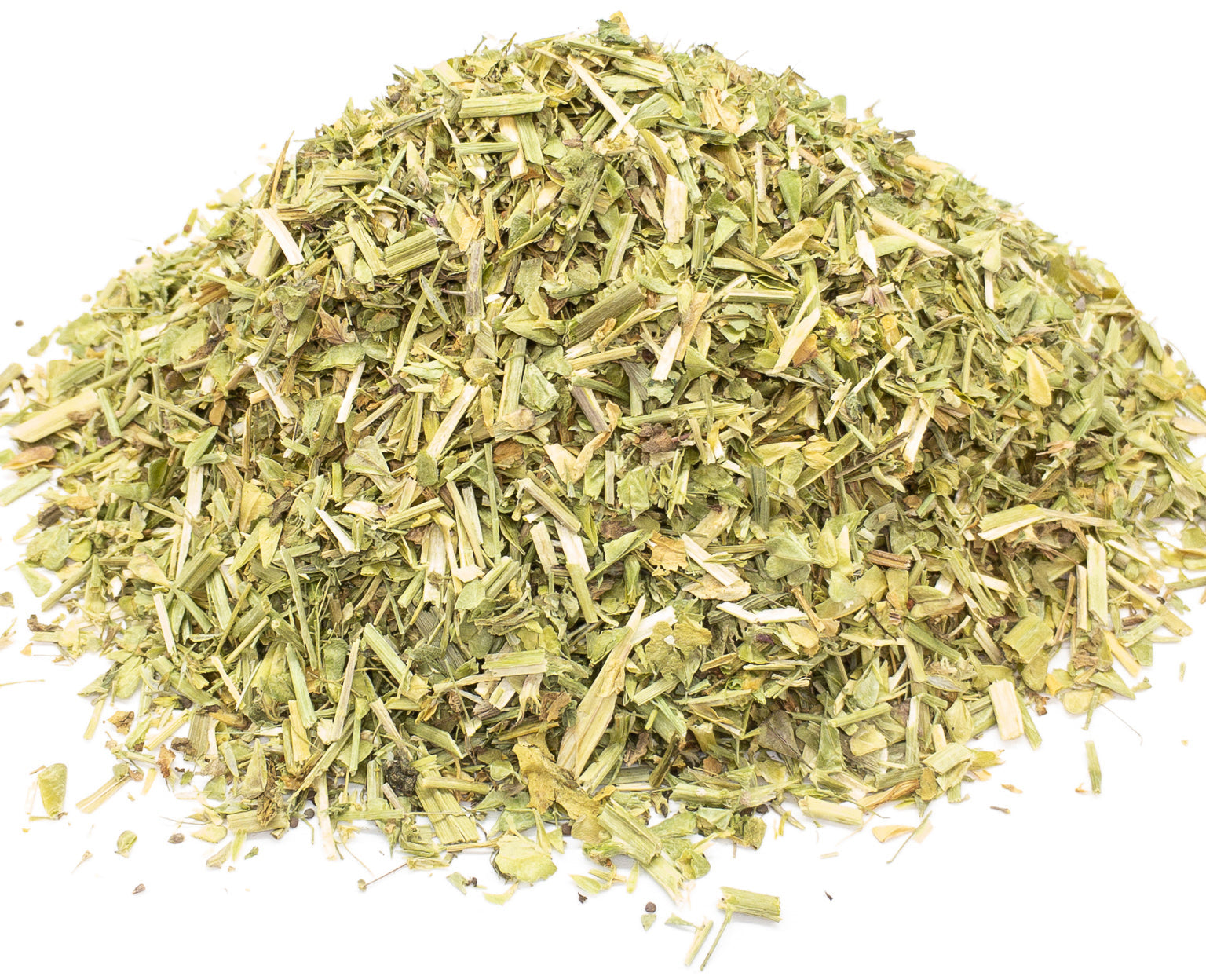 A small pile of dried, cut shepherd's purse herb, leaves and stems on a white background
