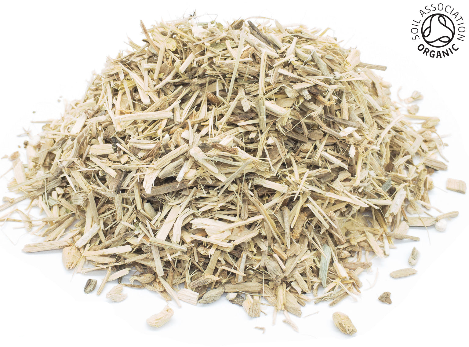 A small pile of dried, cut, organic siberian ginseng root on a white background with the Soil Association Organic Logo in the top right corner