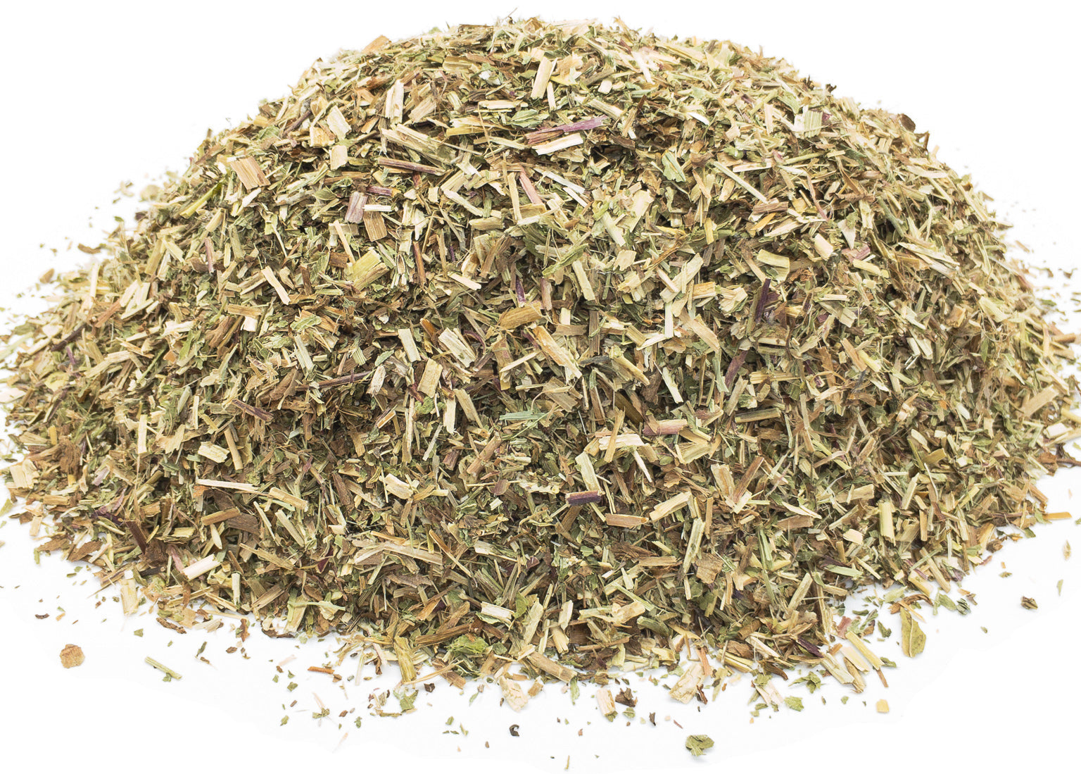A small pile of dried, cut smallflower willow herb, leaf and stem, on a white background