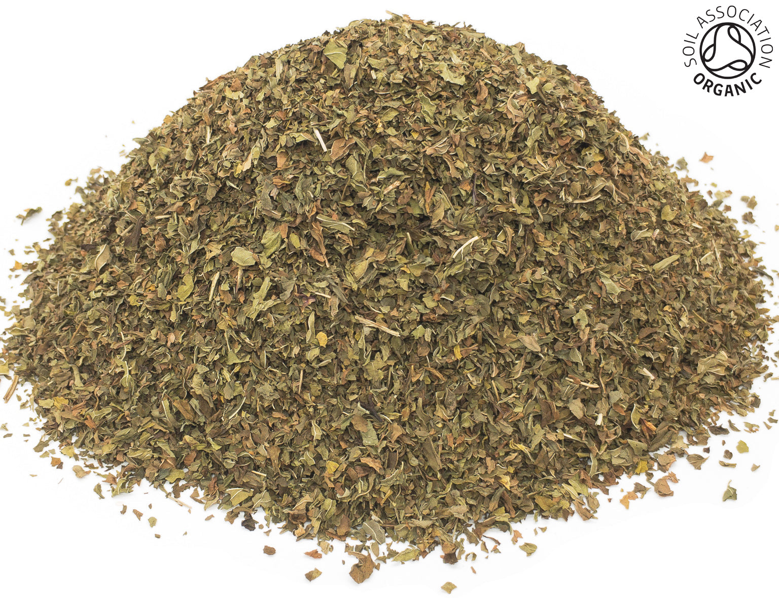 A small pile of dried, cut organic green spearmint leaves on a white background with the Soil Association Organic Logo in the top right corner