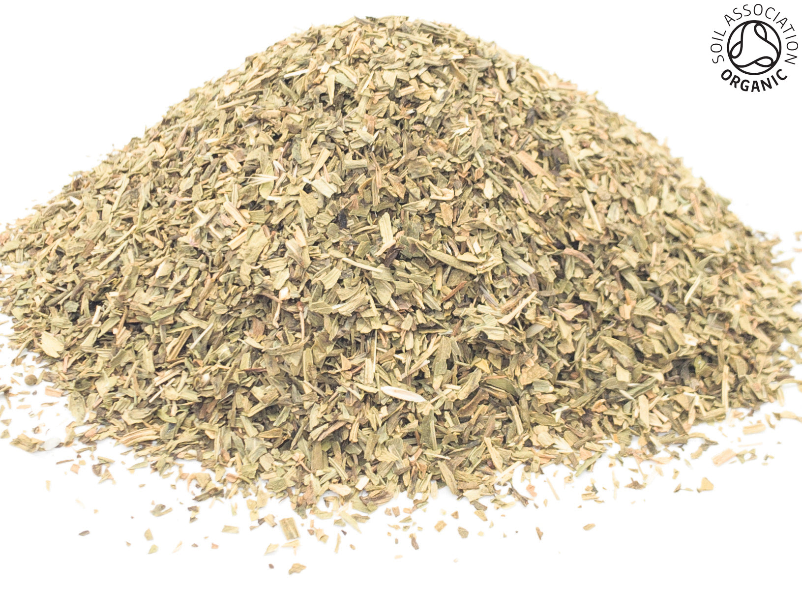A small pile of dried, cut, organic tarragon leaves, on a white background with the Soil Association Organic Logo in the top right corner