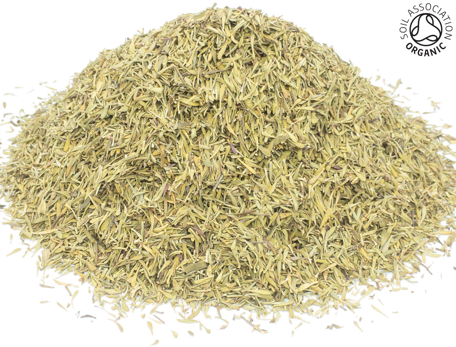 A small pile of dried, cut, organic green thyme leaves on a white background with the Soil Association Organic Logo in the top right corner