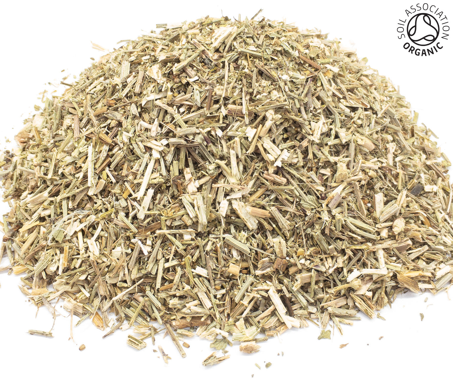 A small pile of dried, cut, organic vervain herb with leaf and stem on a white background with the Soil Association Organic Logo in the top right corner