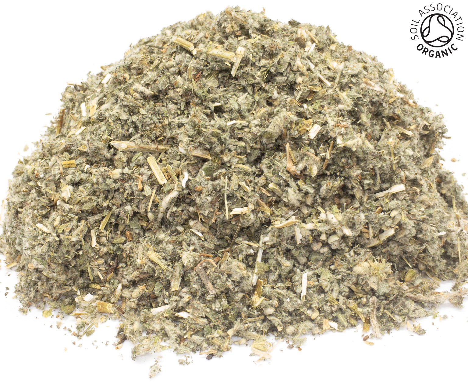 A small pile of dried, cut, organic white horehound herb, leaf and stem, on a white background with the Soil Association Organic Logo in the top right corner